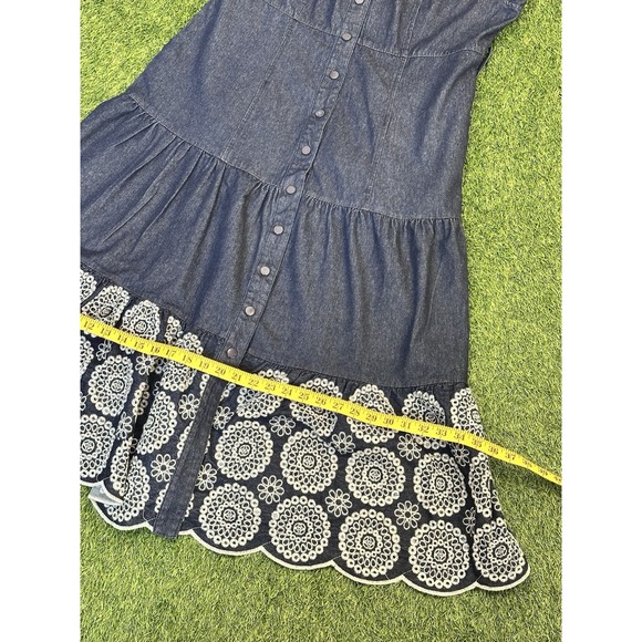 Solitaire Maxi Dress Large Blue Denim White Eyelet Trim‎ Belted Feminine - Picture 14 of 14